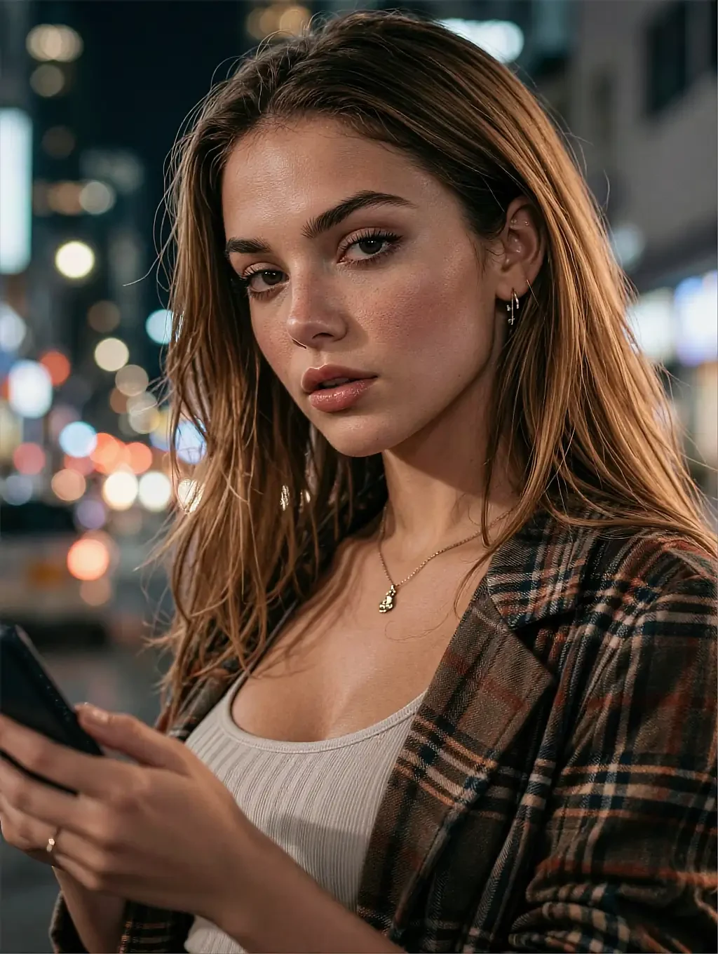 Fictional AI character in a checked coat on a city street at night, phone in her hand